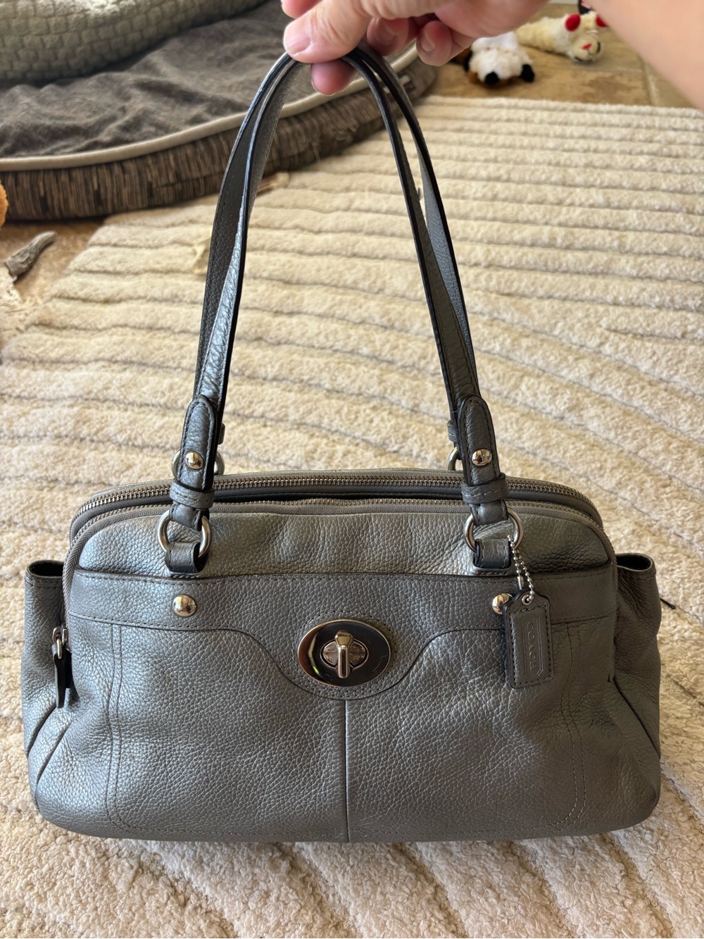 Coach Pebbled Leather Turnlock Shoulder Bag in Metallic Gray